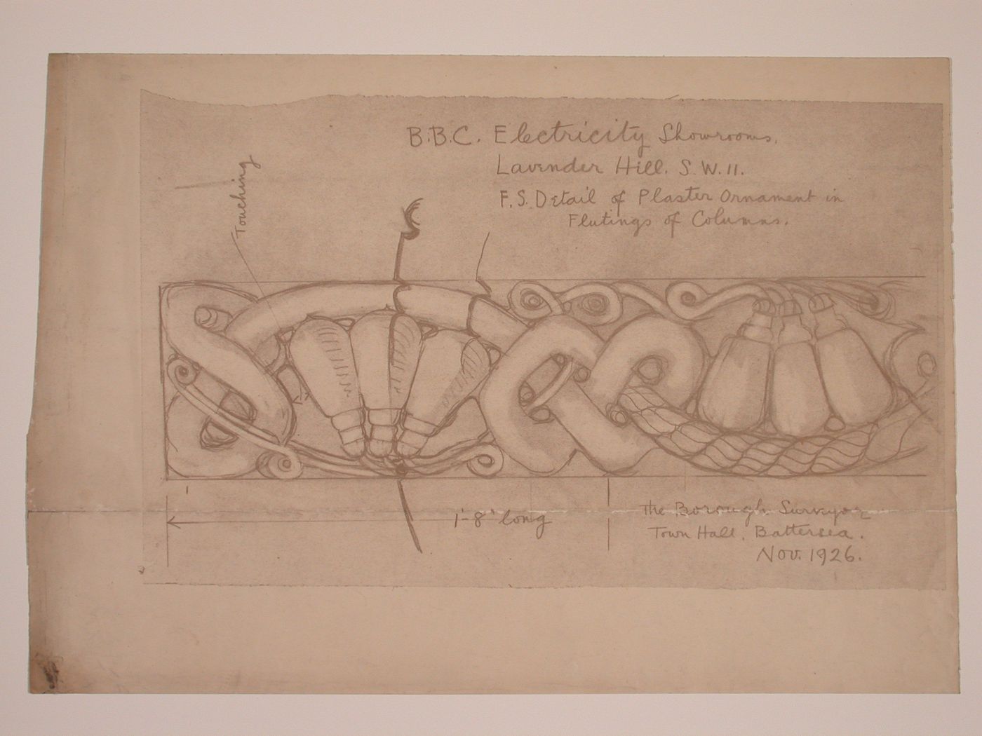 Detail for the plasterwork between the fluting of the columns for Electric House, Battersea Borough