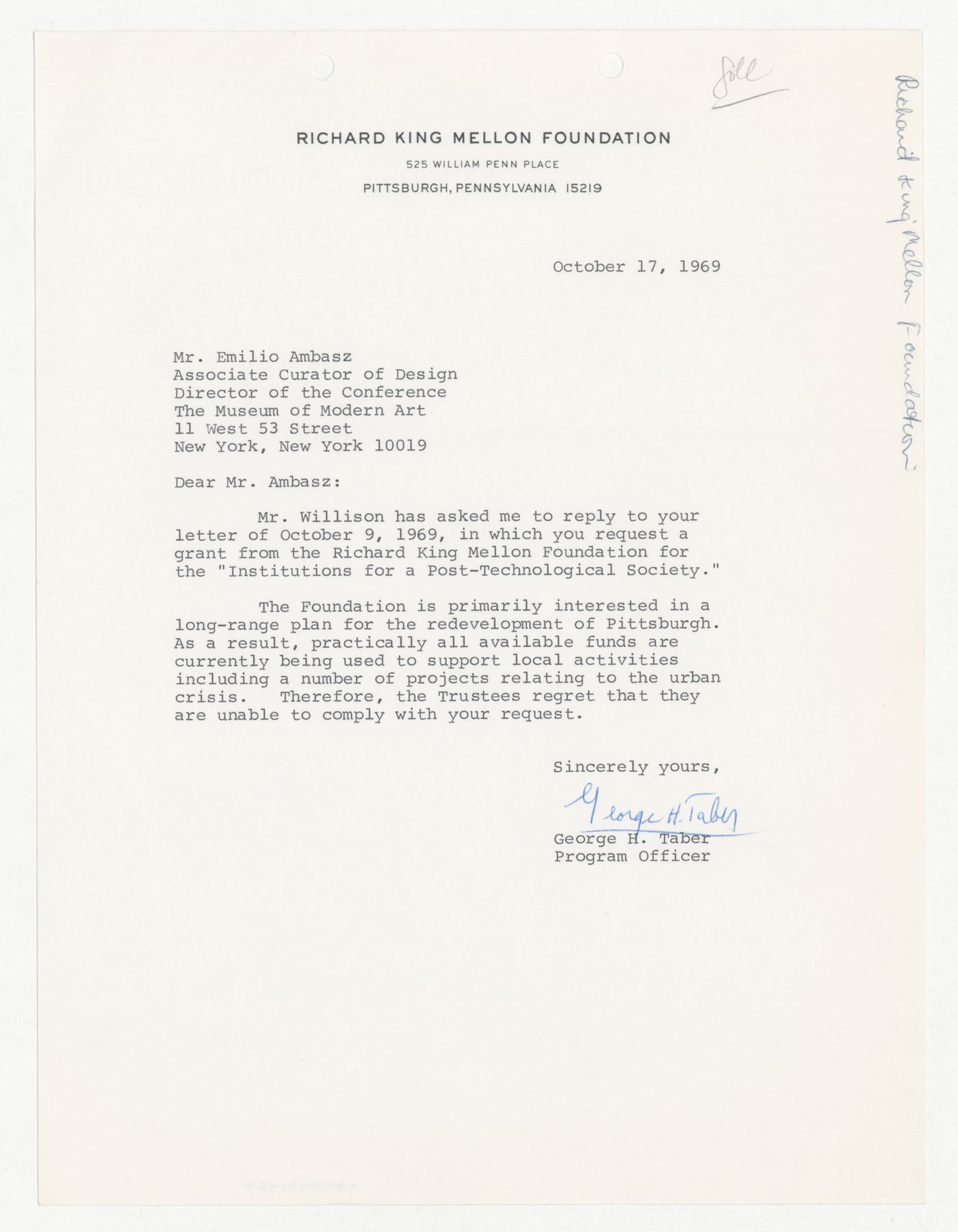 Letter from George H. Taber to Emilio Ambasz responding to proposal for Institutions for a Post-Technological Society conference
