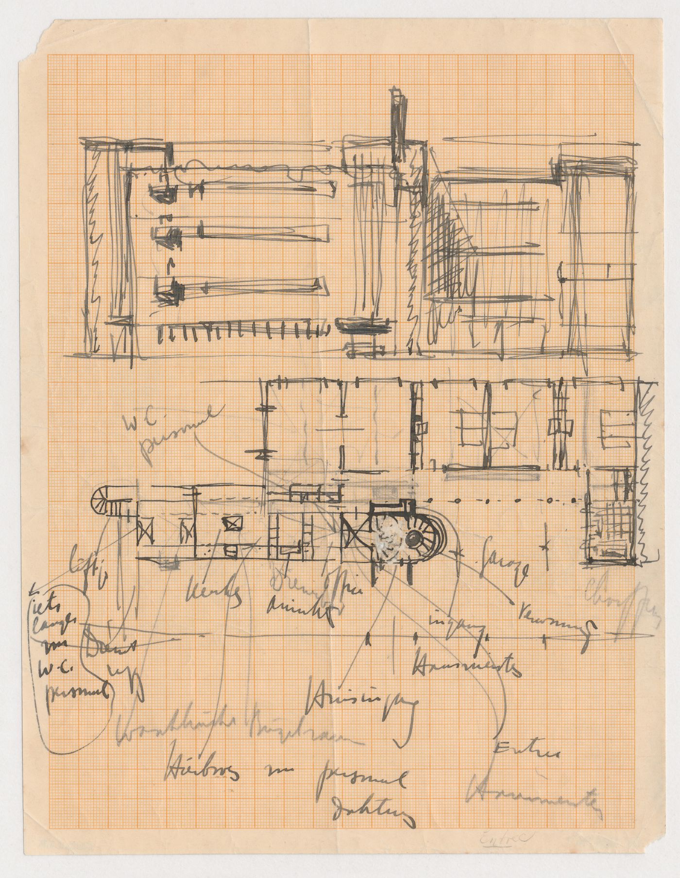 Sketch elevation and sketch plan for Three-Family House, Brno, Czechoslovakia (now Czech Republic)