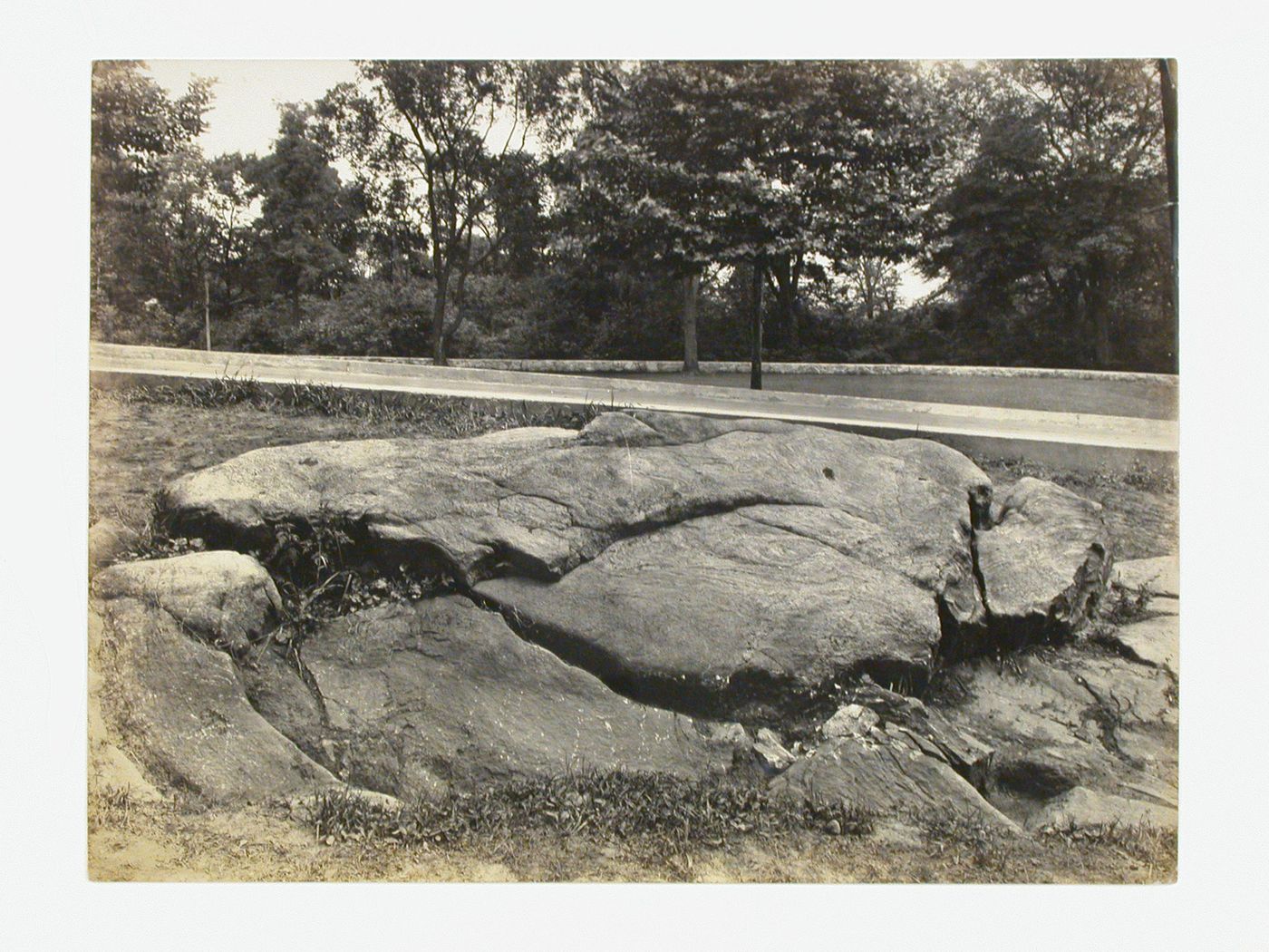 Close-up view of rock possibly meant to become a section of a clubhouse fireplace, Longue Vue Golf Course, New York [?], United States