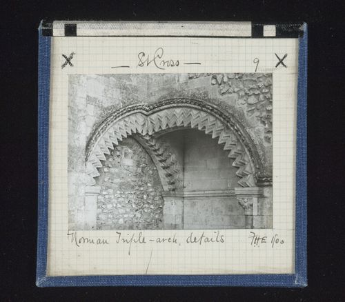 Detail view of blind, pointed arch intersected at apex by segmental arch, St. Cross Church, Winchester, Hampshire, England