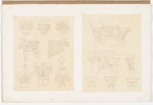 Two drawings of Gothic architectural elements: capitals, compound piers, and finials