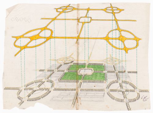 Axonometric drawing of commercial sector for Linear city, Chandigarh, India