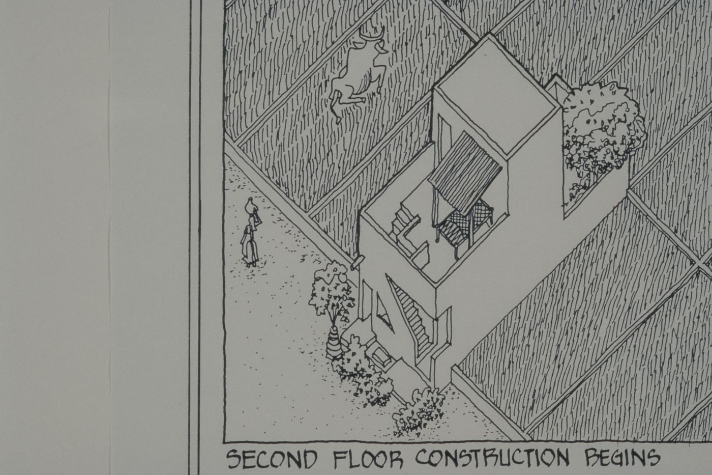 Axonometric view of house second early construction for the Aranya Housing Project, Indore, India