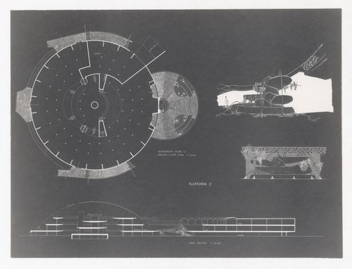 Plan, section and perspective for Regional Shopping Center