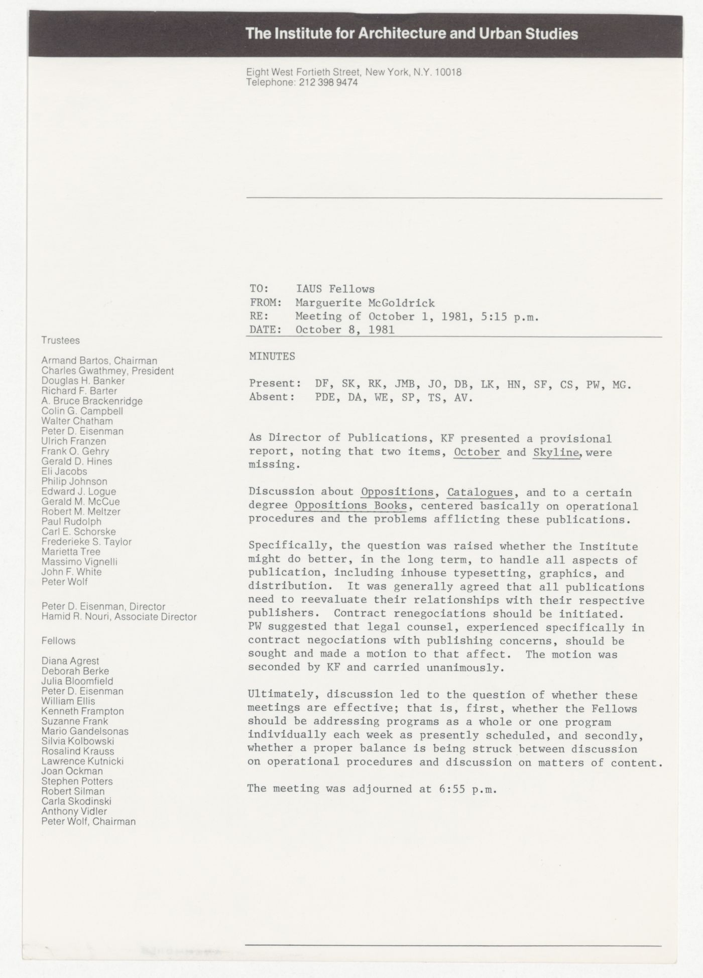 Minutes of meeting of the Fellows on October 1st, 1981
