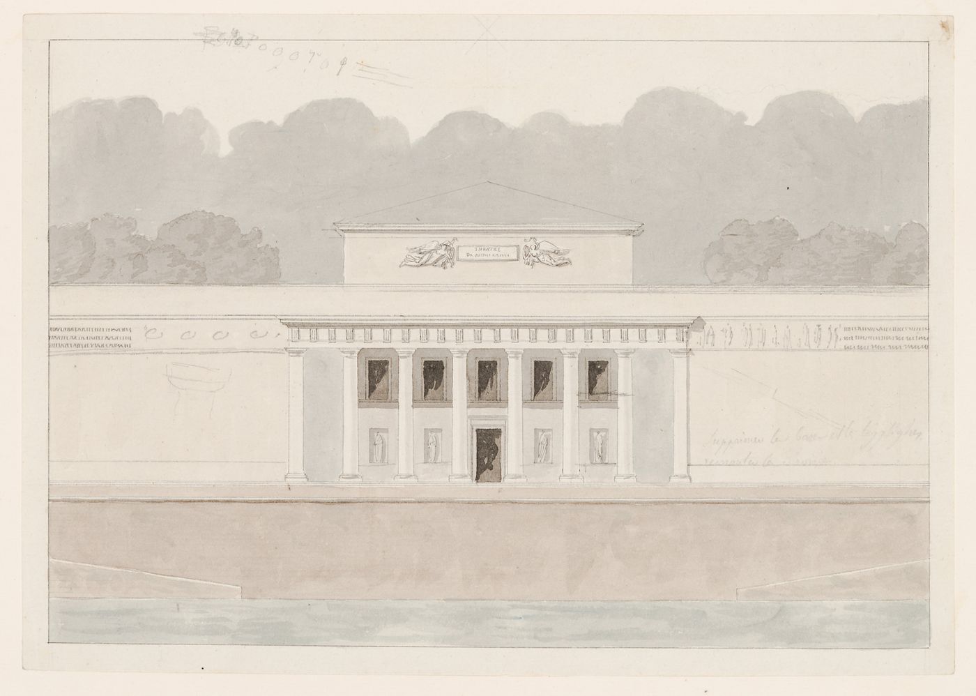 1802 Grand Prix Competition: Partial plan, elevation and partial cross section for a public fair on the banks of a large river showing a small theatre and ground floor plan for a small theatre