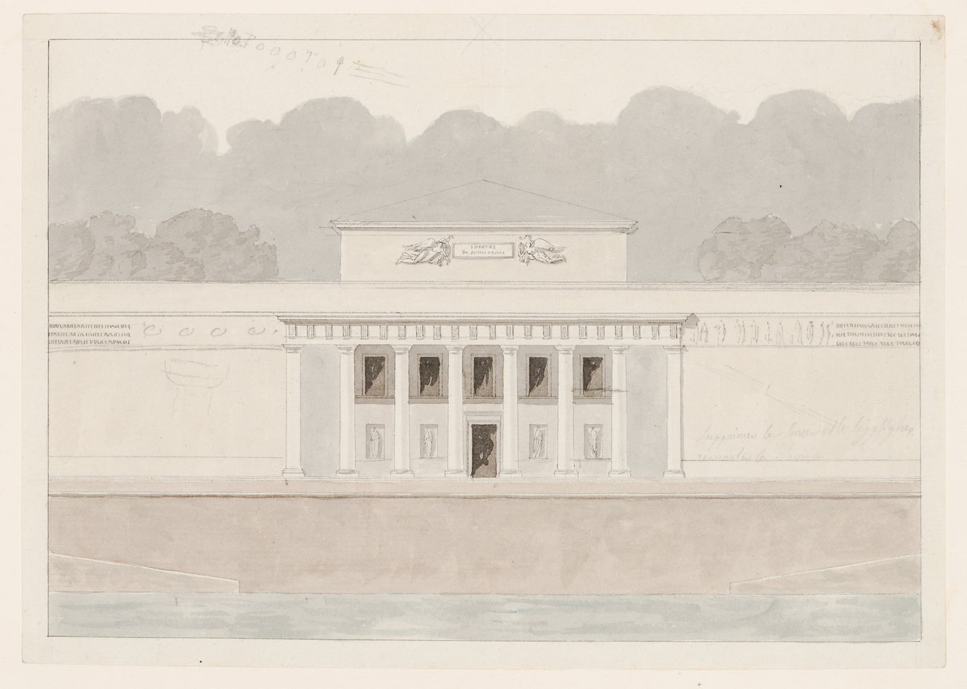 1802 Grand Prix Competition: Partial plan, elevation and partial cross section for a public fair on the banks of a large river showing a small theatre and ground floor plan for a small theatre
