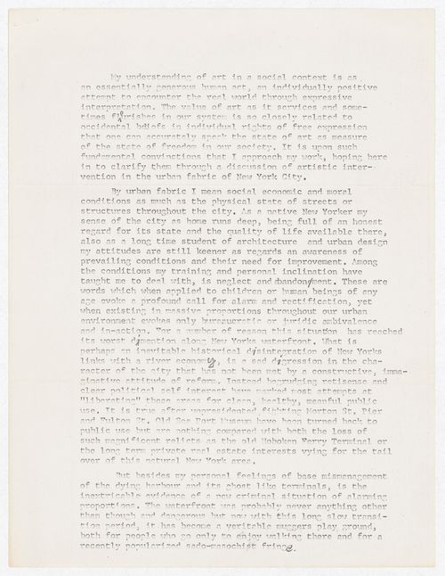 Statement by Gordon Matta-Clark for Jerald Ordover regarding work done at Pier 52, New York City, New York