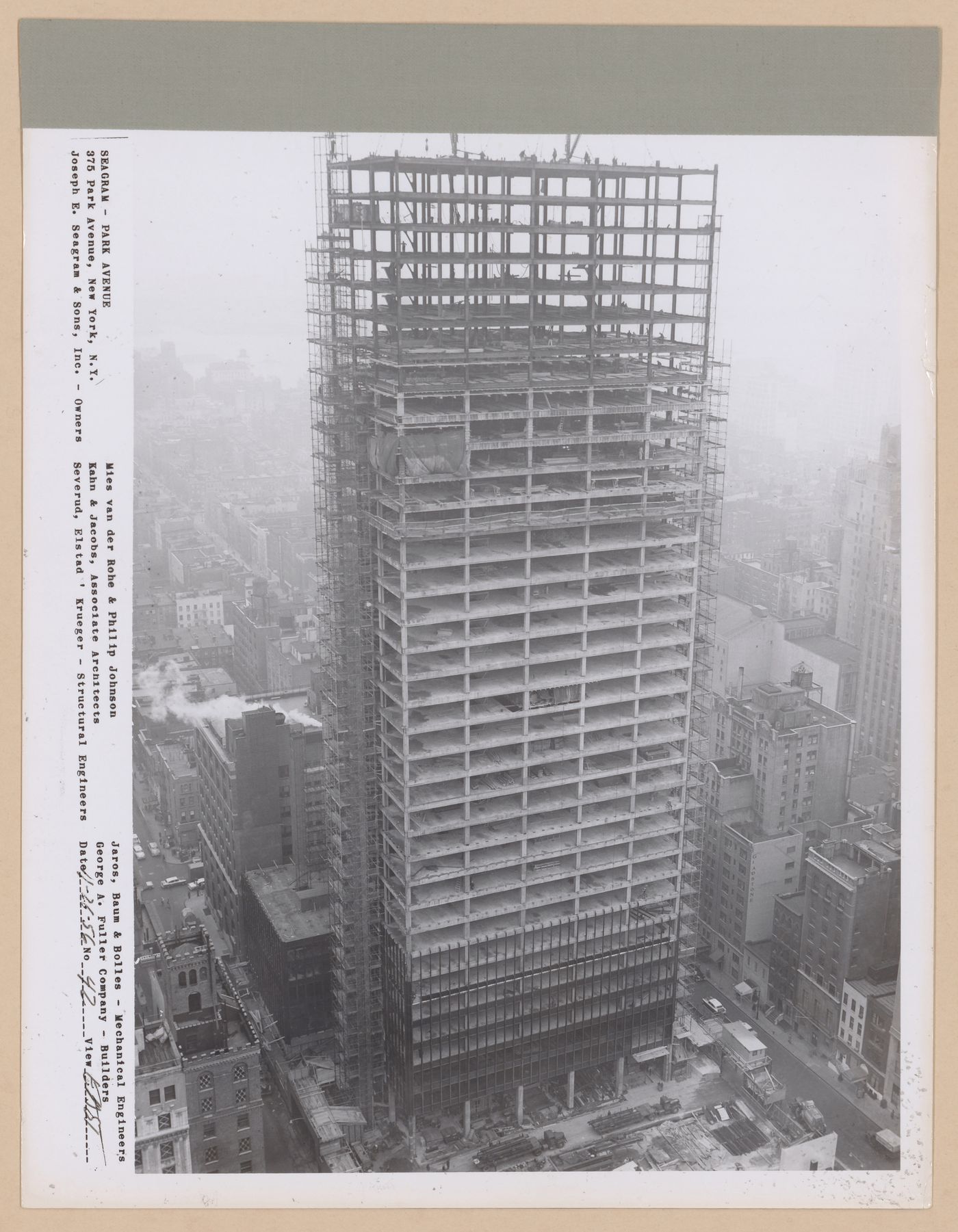 Seagram building under construction, 375 Park avenue, New York, N.Y., east view