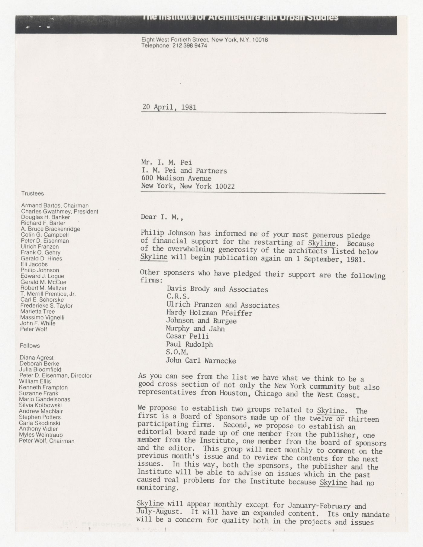 Letter from Peter D. Eisenman to Ieoh Ming Pei about sponsorship for Skyline
