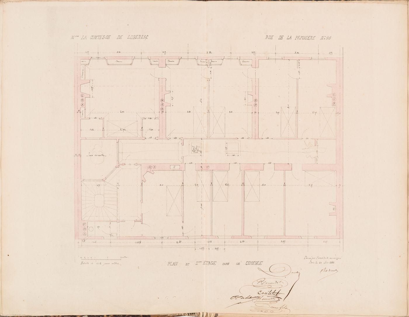 Contract drawing for a house for Madame la comtesse de Lubersac, 95 rue de la Pépinière, Paris: Second floor plan