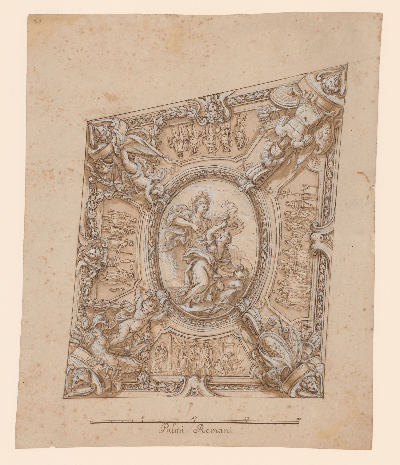 Plan for a decorated ceiling, including an allegory of sculpture in the central panel