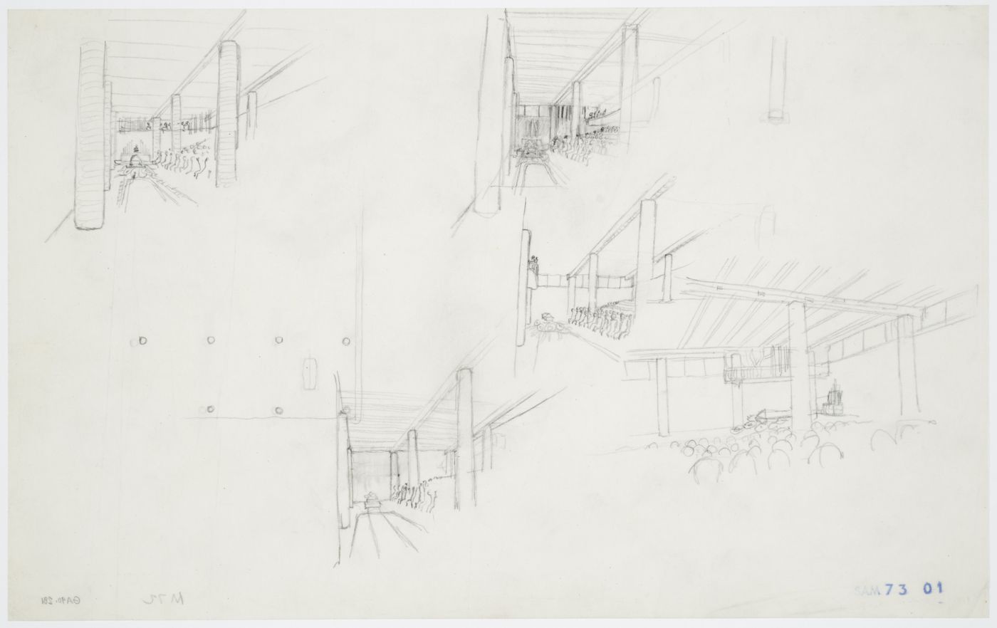 Interior sketch perspectives and sketch plan for the Chapel of the Holy Cross showing a service underway, Woodland Crematorium, Woodland Cemetery, Stockholm, Sweden
