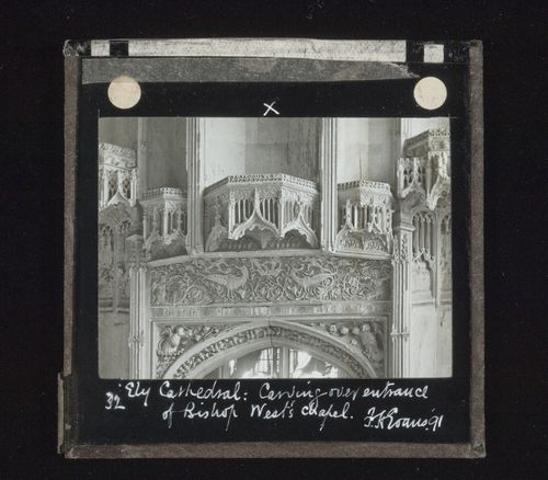 View of relief sculpture over entrance of Bishop West's chapel in Ely Cathedral, Ely, Cambridgeshire, England