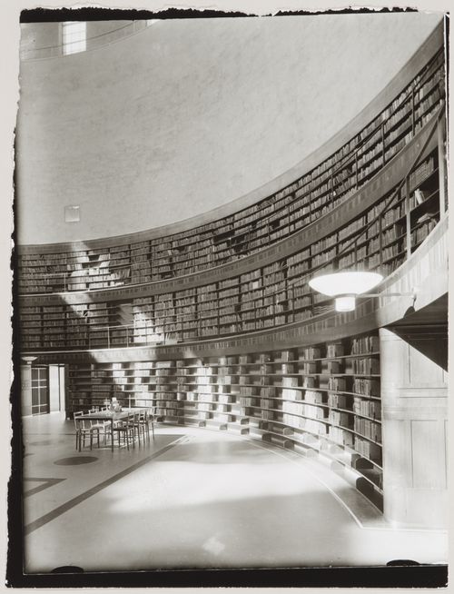 Interior view of the lending hall of Stockholm Public Library showing the ground floor and galleries, 51-55 Odengatan, Stockholm