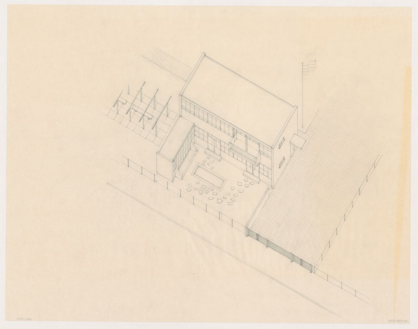 Bird's-eye axonometric for the school-porter's house for the Second Liberal Christian Lyceum, The Hague, Netherlands