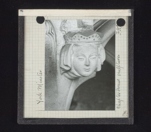 View of sculpture of woman's head in Chapter House of York Minster, York, North Yorkshire, England