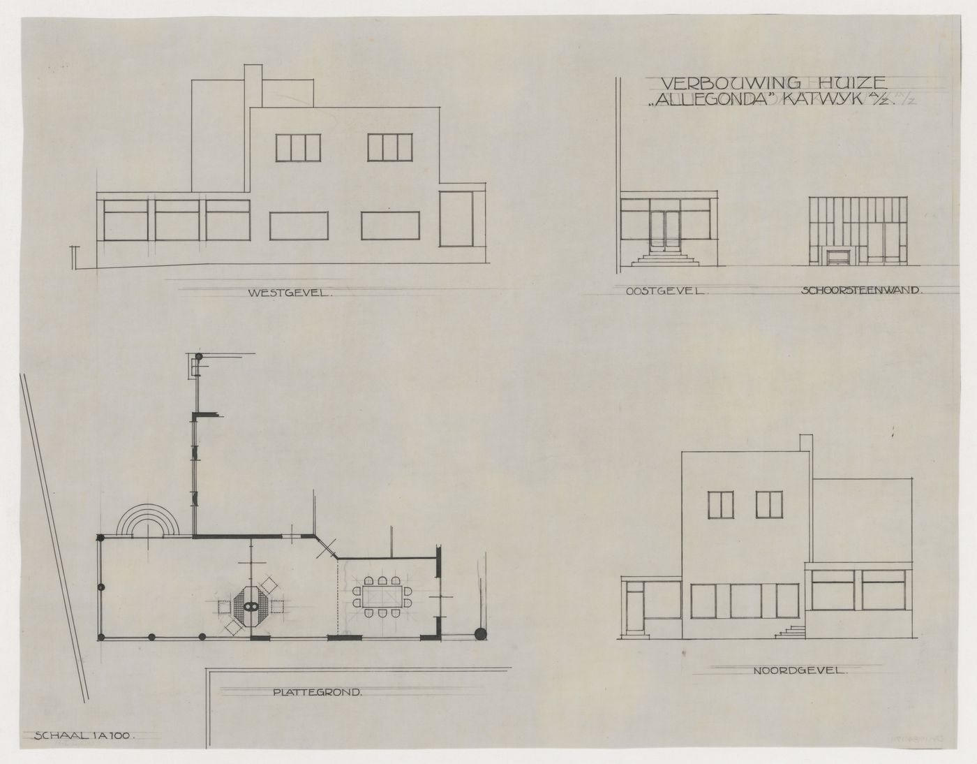 Elevations, partial elevation, partial section and partial plan for additions by J.J.P. Oud for Villa Allegonda, Katwijk aan Zee, Netherlands