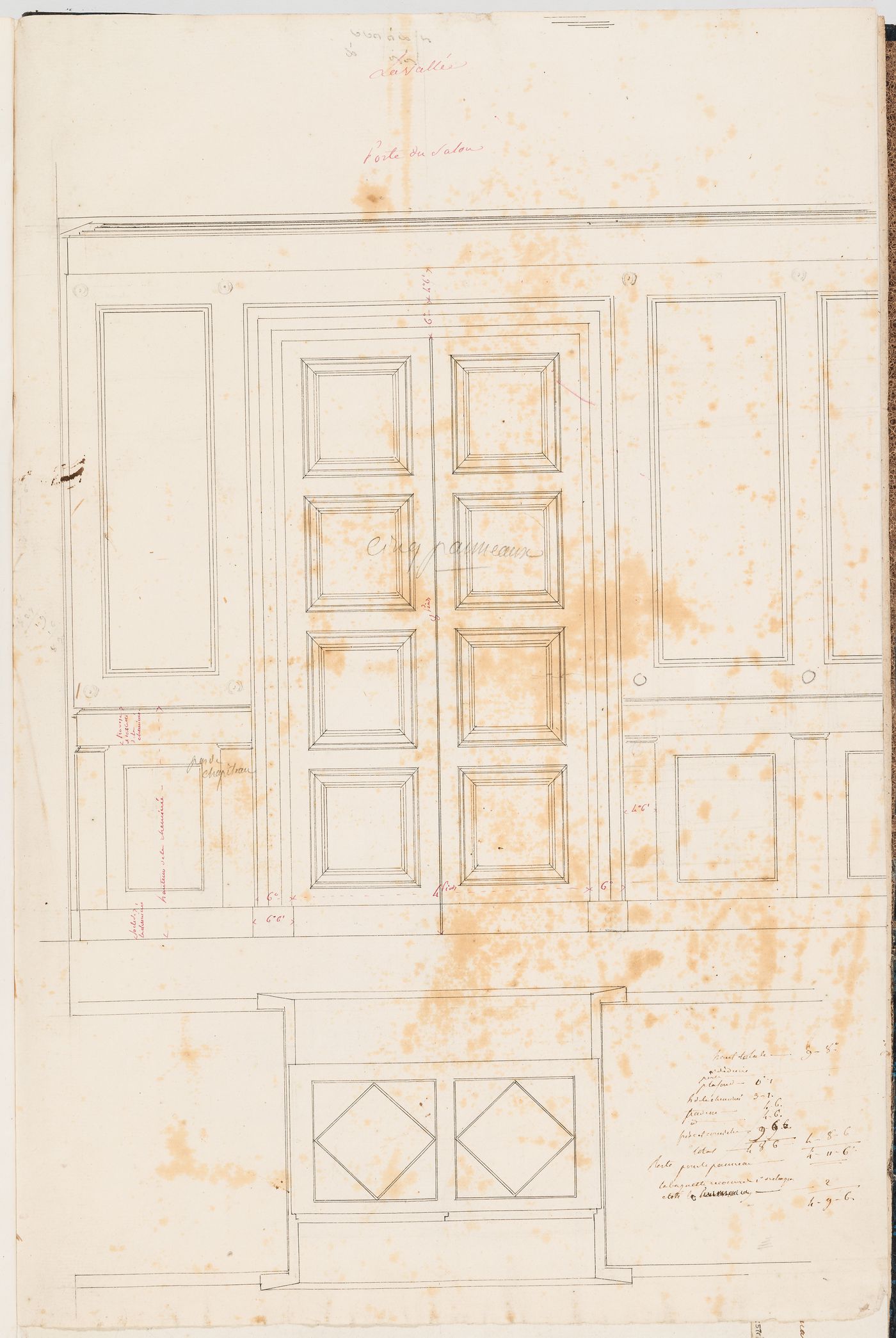 Elevation and plan for the salon doorway for the house, Domaine de La Vallée; verso: Elevation for an unidentified building