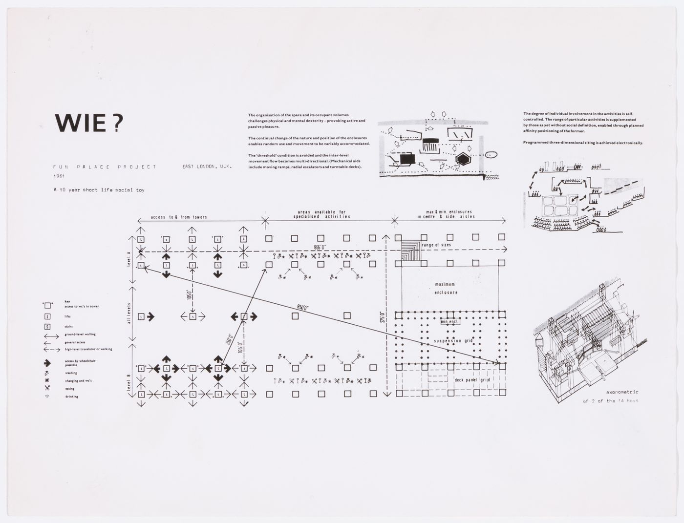 Plan, axonometric, sketches and description for a 1961 Fun Palace Project