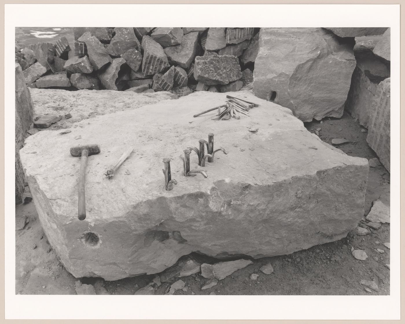 View of rock being prepared for splitting in limestone quarry, Saint-Marc-des-Carrières, Québec, Canada