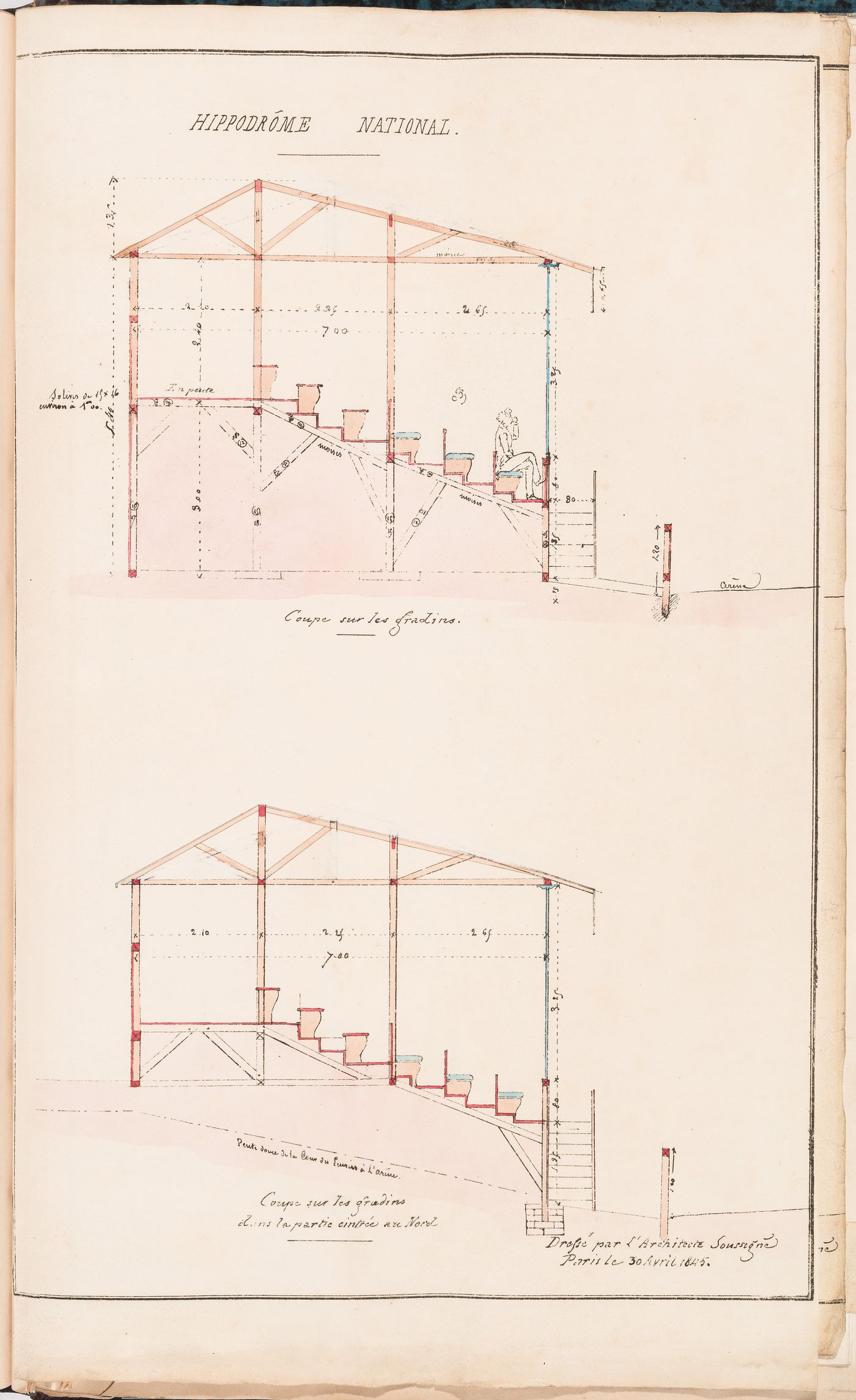 Hippodrome national, Paris: Sections through the grandstand