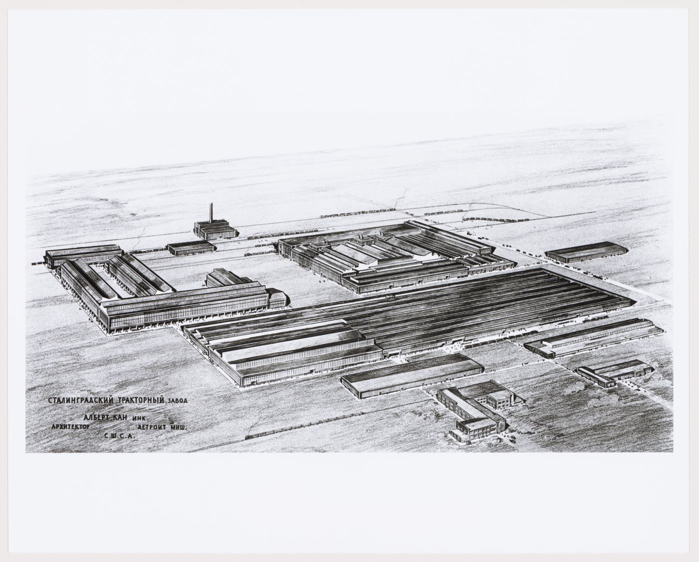 Photograph of a bird's-eye perspective drawing for or of the Tractor Assembly Plant, Stalingrad (now Volgograd), Soviet Union (now in Russia)