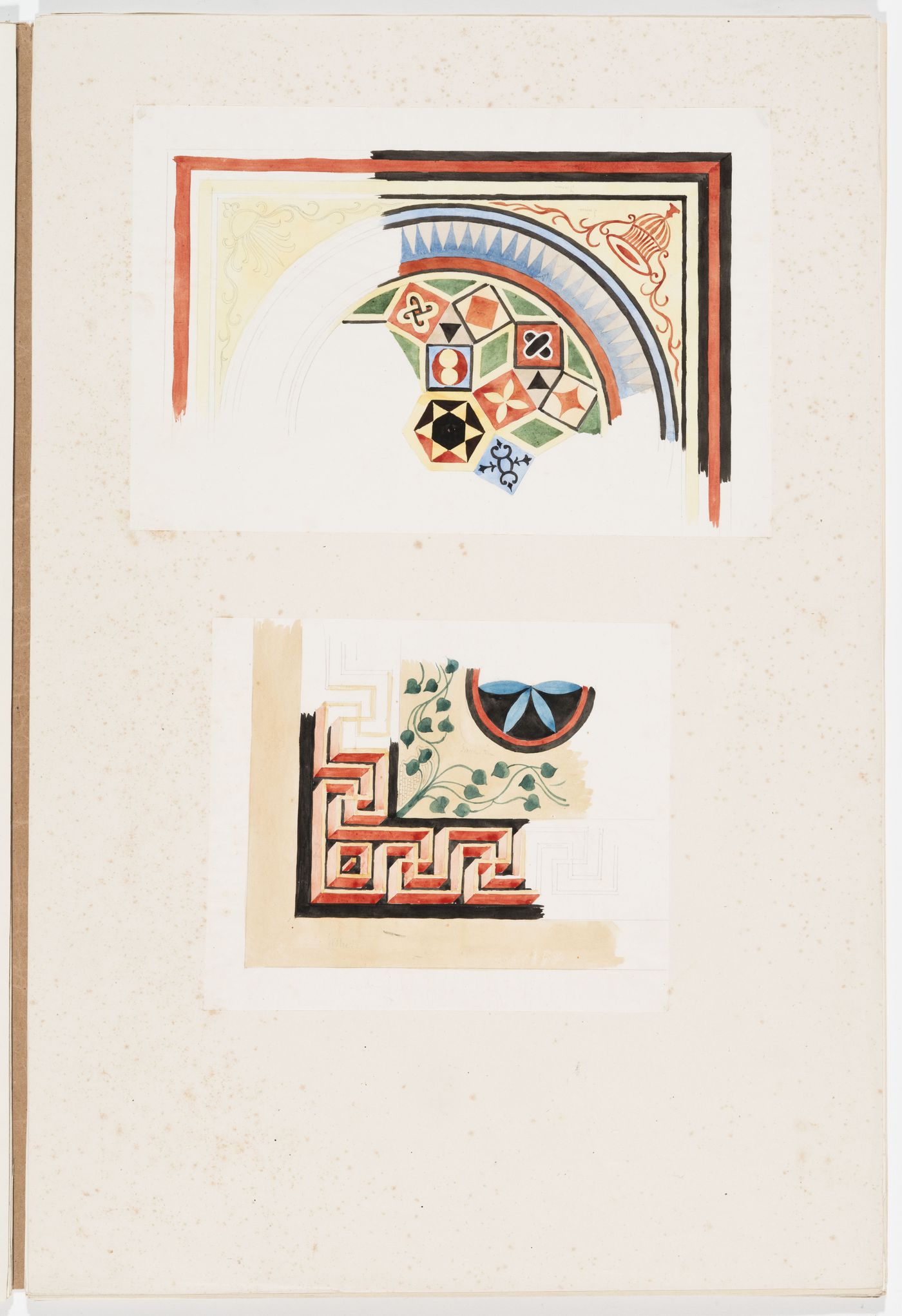 Ornament drawings of two panel segments, one decorated with foliage and fretwork, and the other with foliage, vases and a geometric mosaic pattern