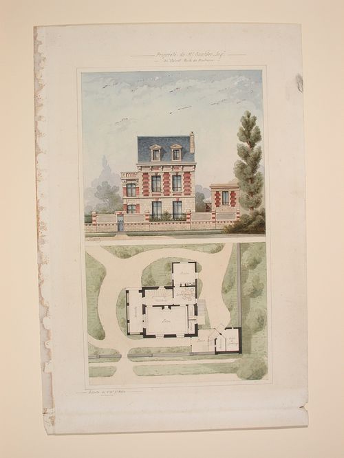 Rendered elevation and plans for Goschler House, Le Vésinet