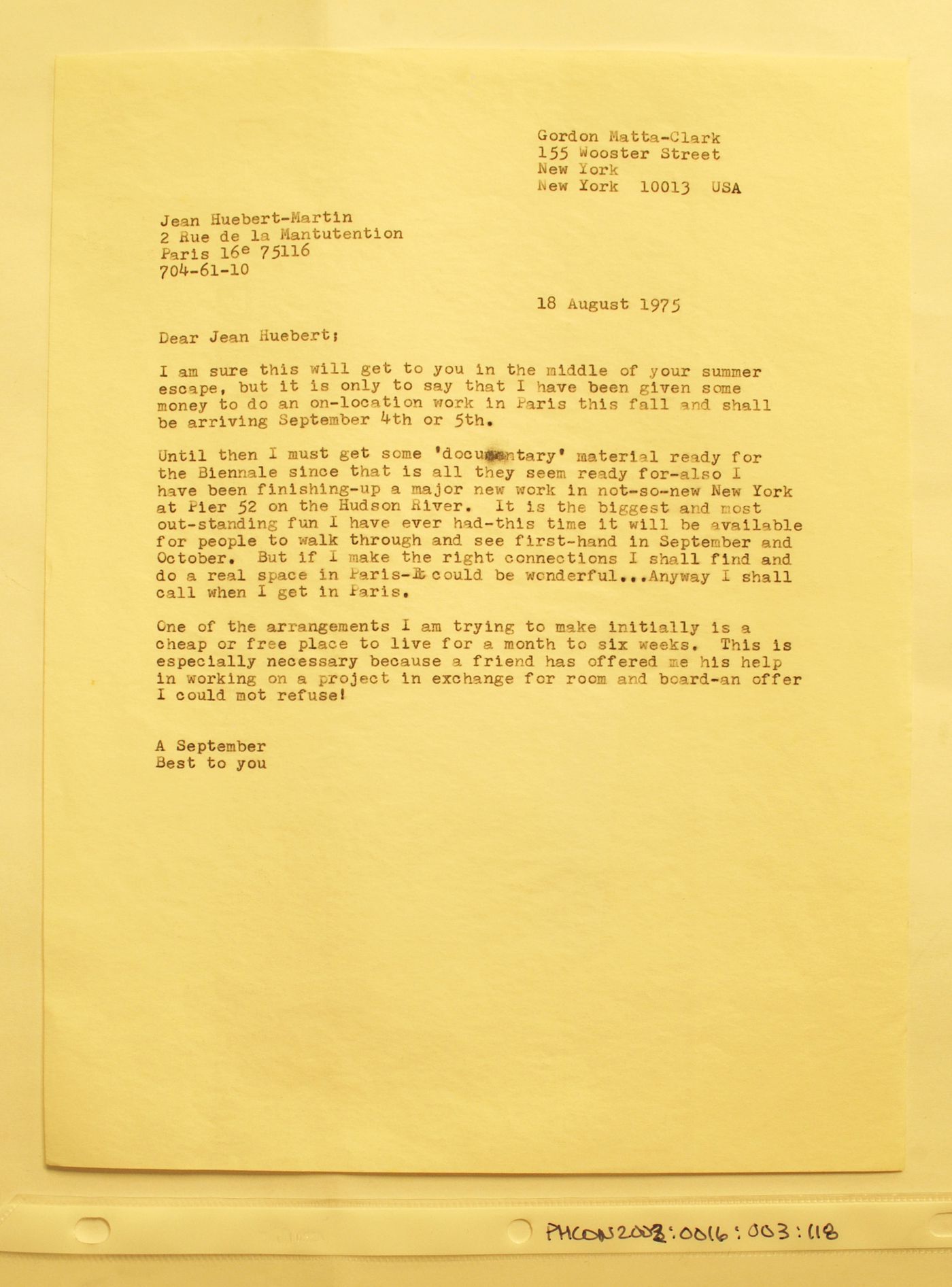 Letter from Gordon Matta-Clark to Jean-Hubert Martin