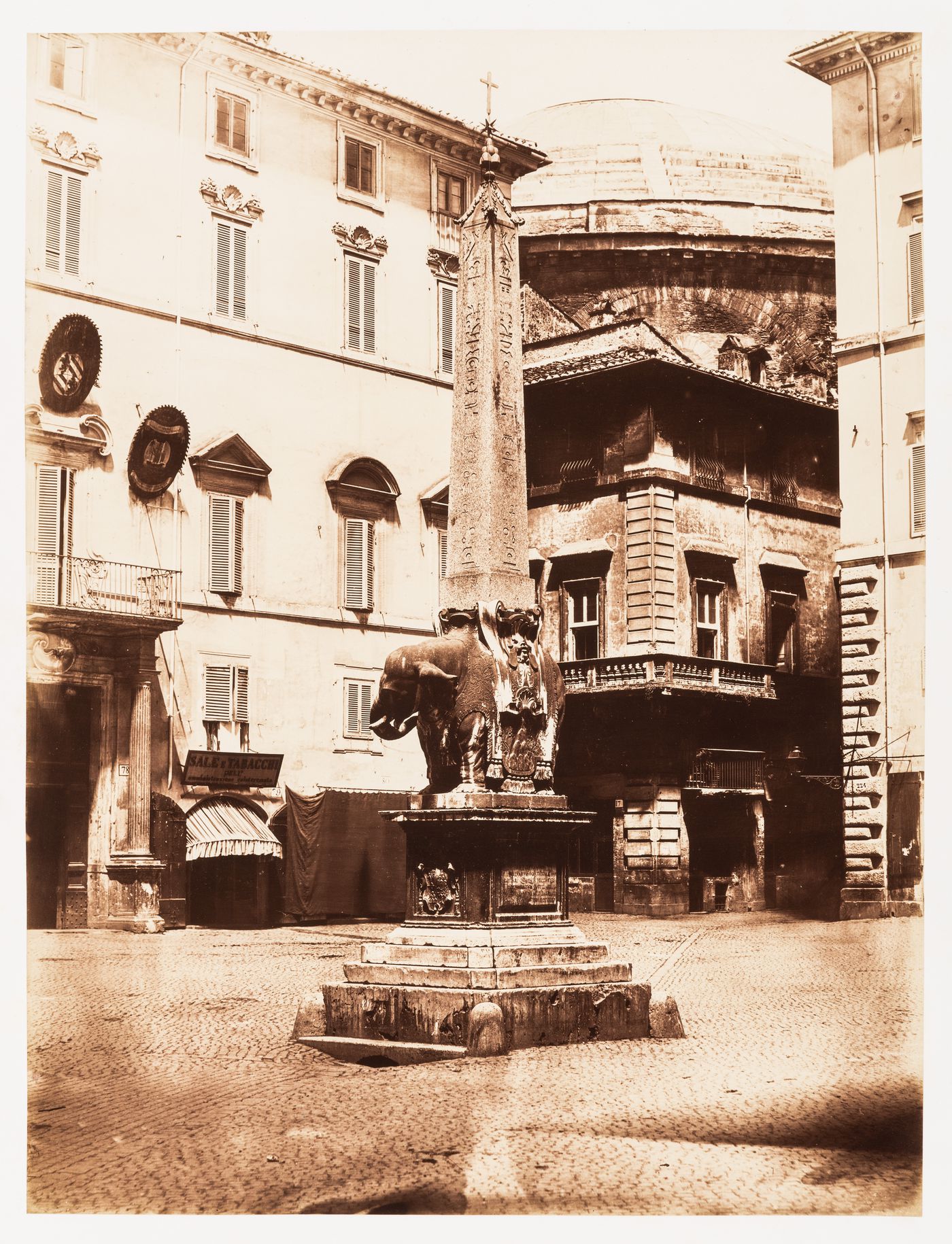 Piazza della Minerva; obelisk, with Pantheon in background, Rome, Italy