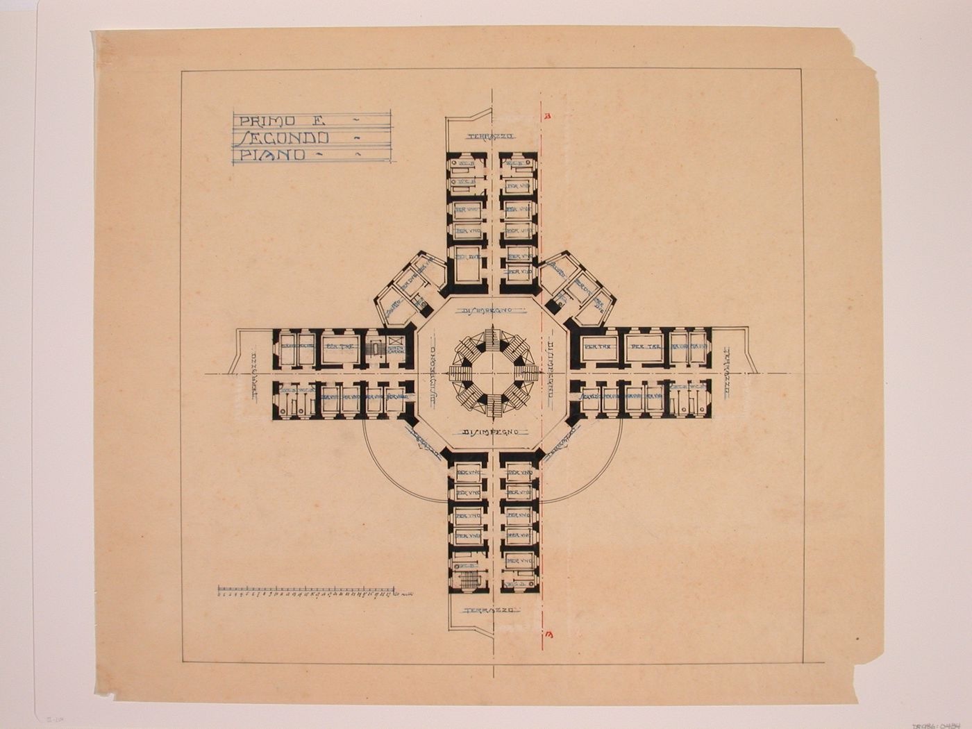 Plan of the first and second floors for a cruciform-plan hotel