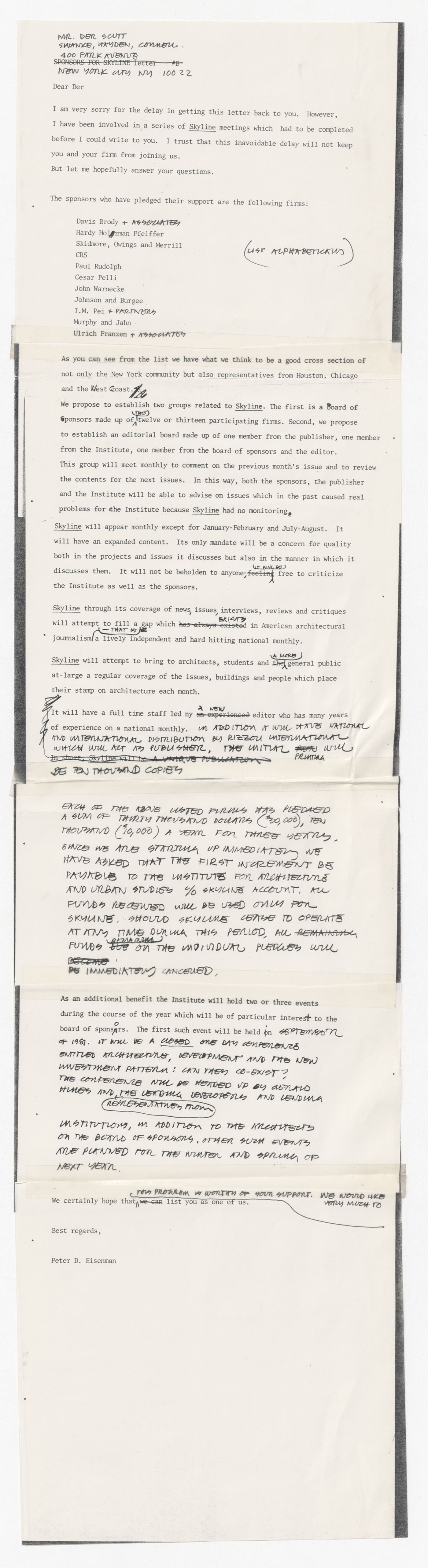 Draft sollicitation letter from Peter D. Eisenman to Der Scutt with annotations by Peter D. Eisenman