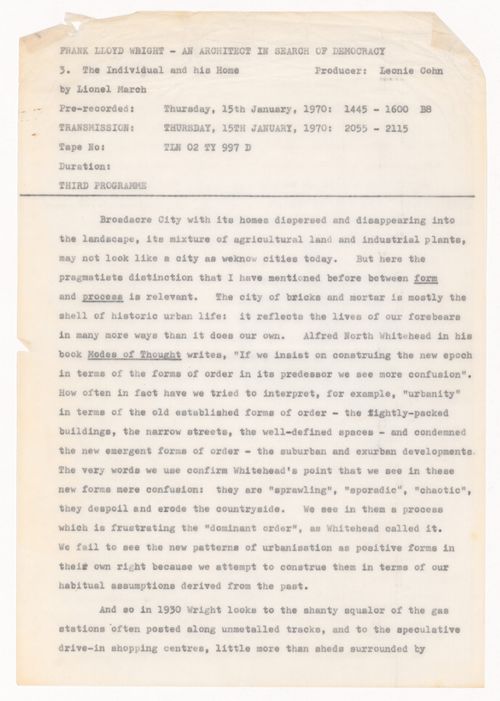 Frank Lloyd Wright: an Architect in Search of Democracy, 3. The Individual and his Home by Lionel March radio transcript