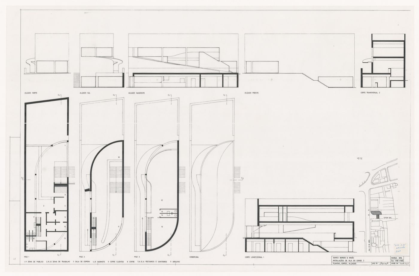 Plans, sections, and elevations for Banco Borges & Irmão II [Borges & Irmão bank II], Vila do Conde, Portugal