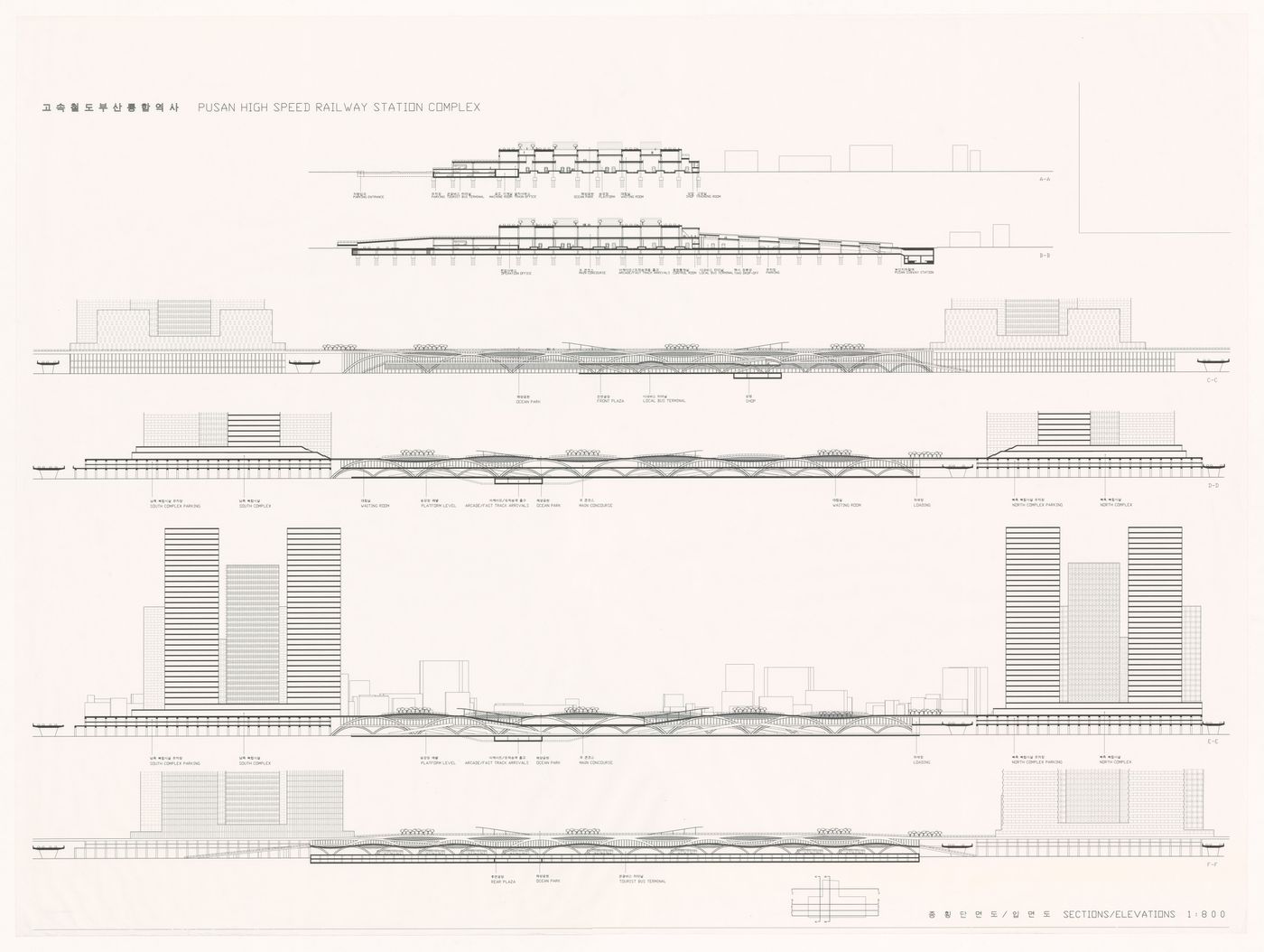 Sections and elevations for High-Speed Railway Complex, Busan, South Korea