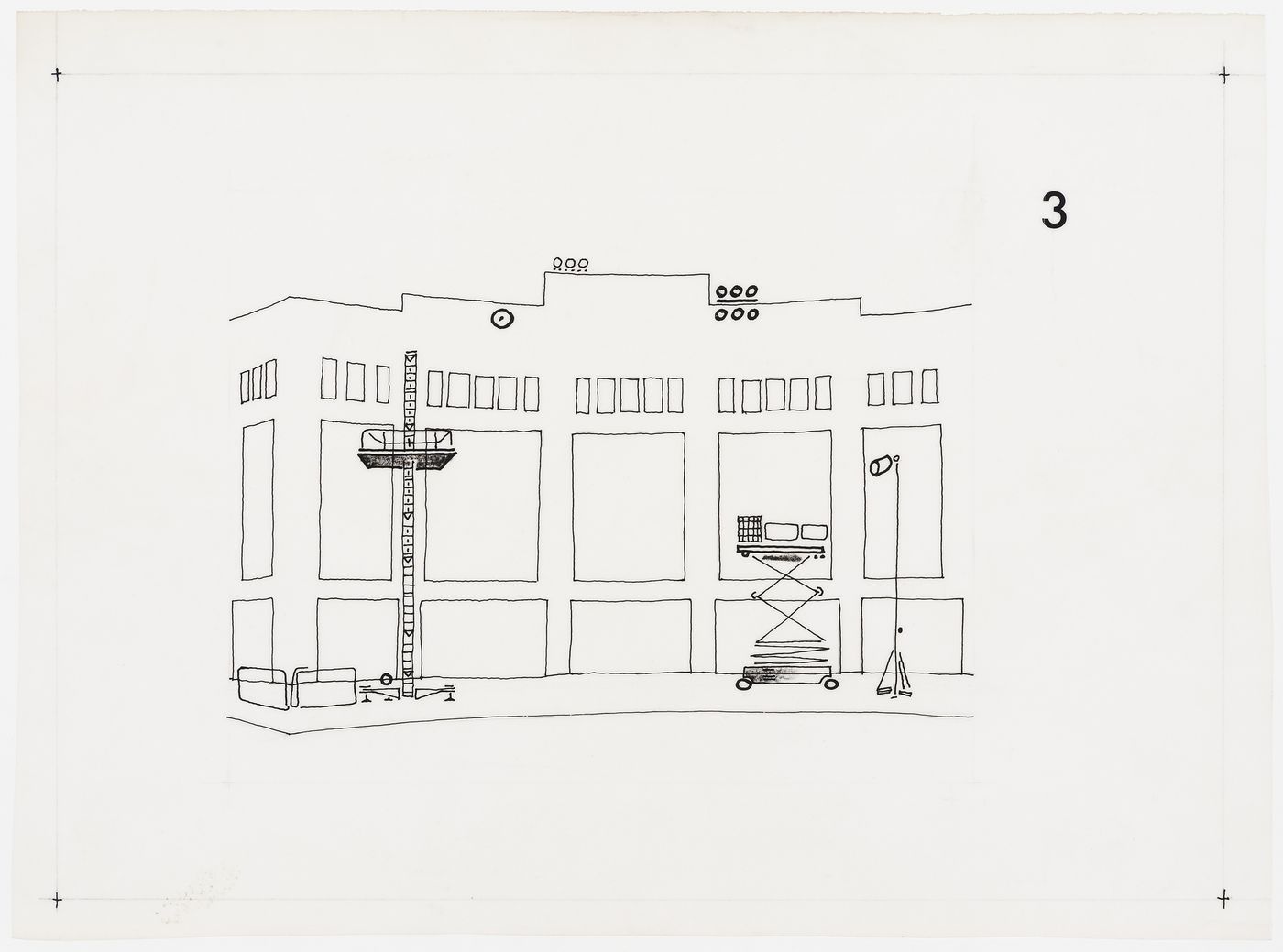 Facelift (ideas competition for the Building Centre, London, England): entry by Cedric Price: perspective of entrance façade with mobile lifting and work platforms and a portable lighting mast