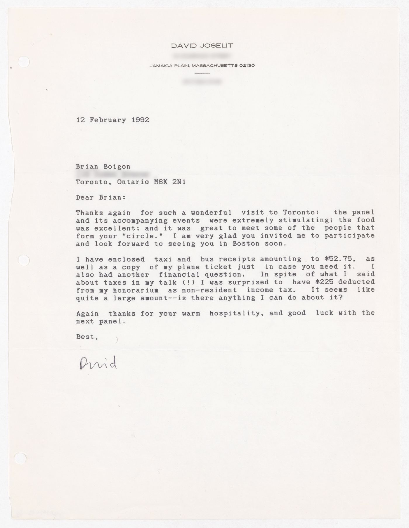Correspondence and receipt for Culture Lab