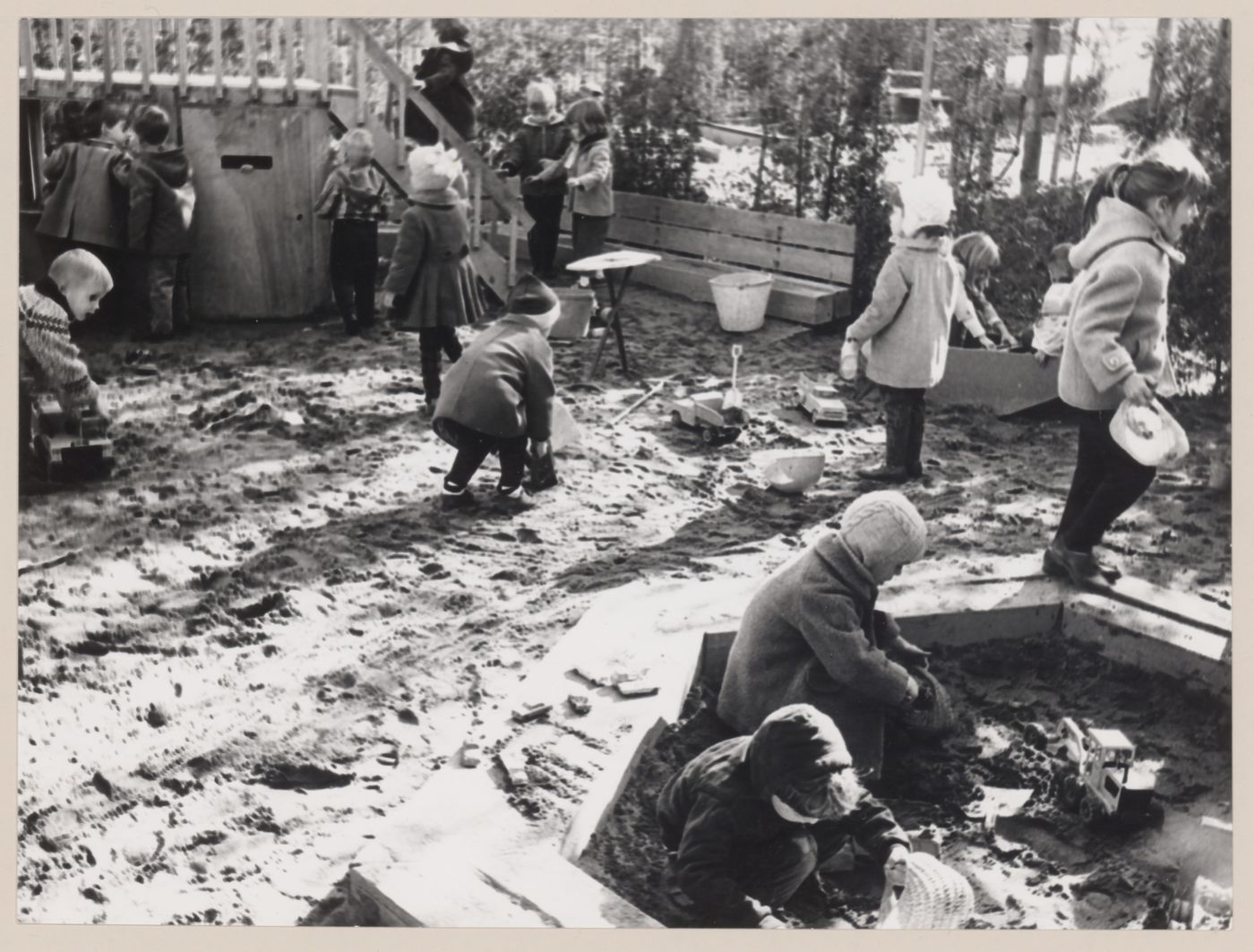 View of sand toy area in nursery area of Children's Creative Centre Playground, Canadian Federal Pavilion, Expo '67, Montréal, Québec