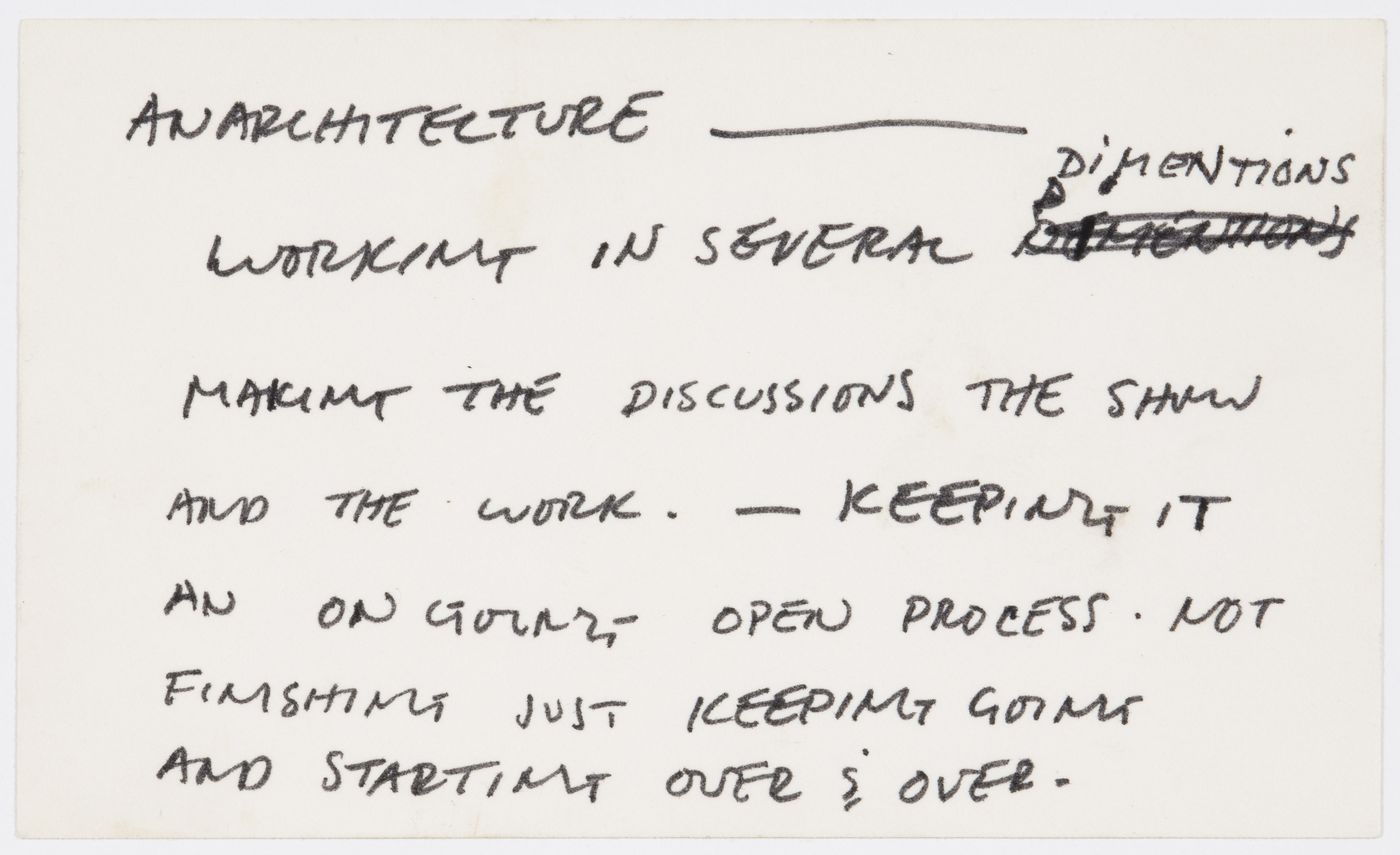 Anarchitecture - working in several dimentions / Making the discussions the show and the work. - / Keeping it an ongoing open process. not finishing just keeping going and strarting & over and over