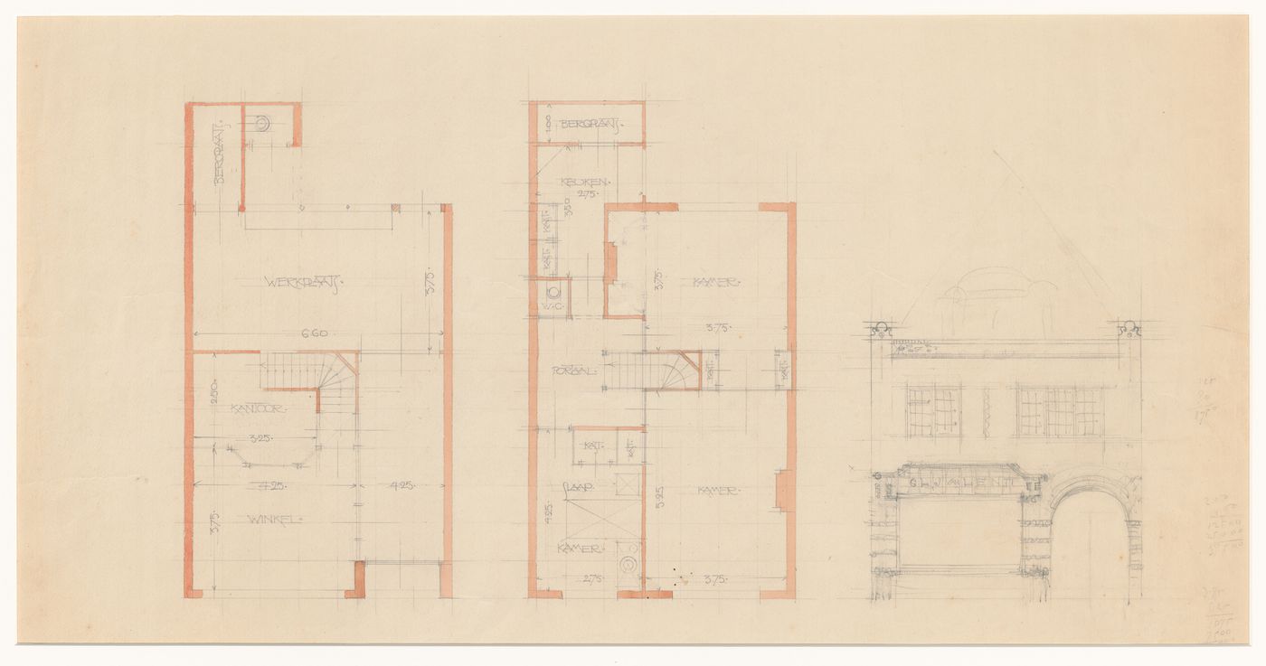 Ground and first floor plans and principal elevation for a motorcycle shop and house for C.L.J. van Lent, Heemstede, Netherlands