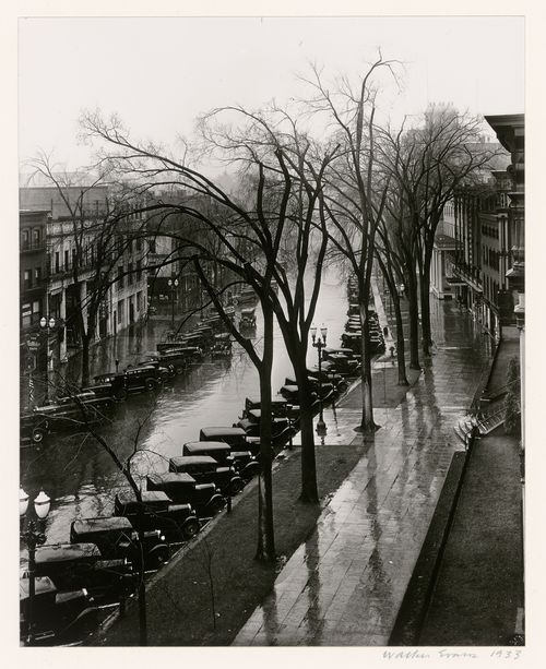 View of Broadway, cars parked on street, Saratoga Springs, New York