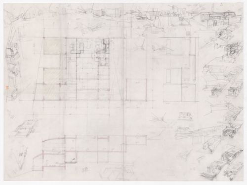 Sketch plans, elevation, axonometric views, and perspectives for Casa Guardiola, Puerto de Santa Maria, Spain