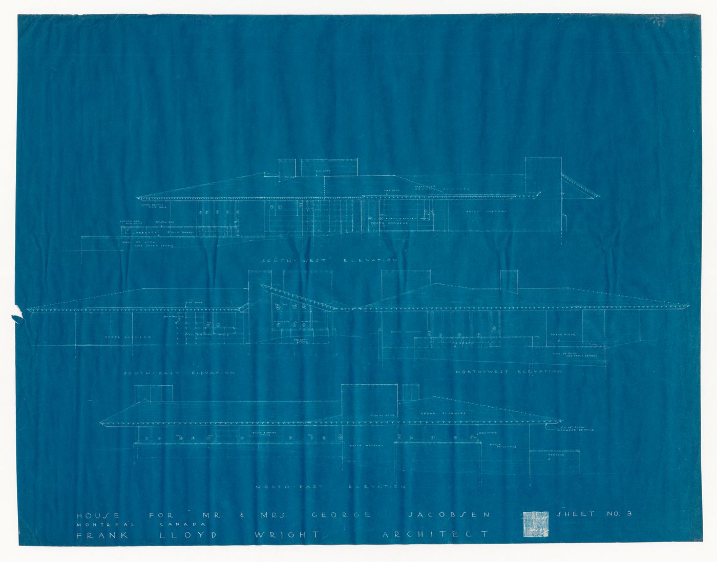 Southwest, southeast, northwest and northeast elevations for the 1950 design for the Mr. & Mrs. George Jacobsen House, Hudson, Québec
