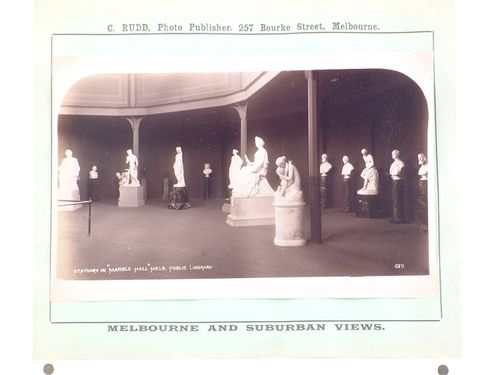 Interior view of statues and busts in the Marble Hall of Melbourne Public Library (now the State Library of Victoria), Australia