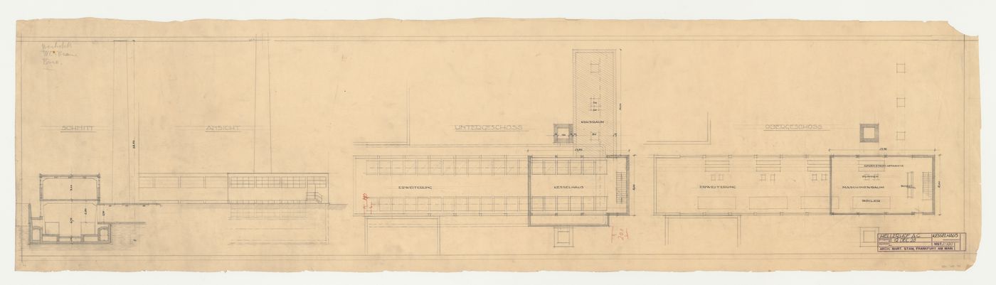 Ground and first floor plans, elevation, and section for the boiler-house, Hellerhof Housing Estate, Frankfurt am Main,  Germany