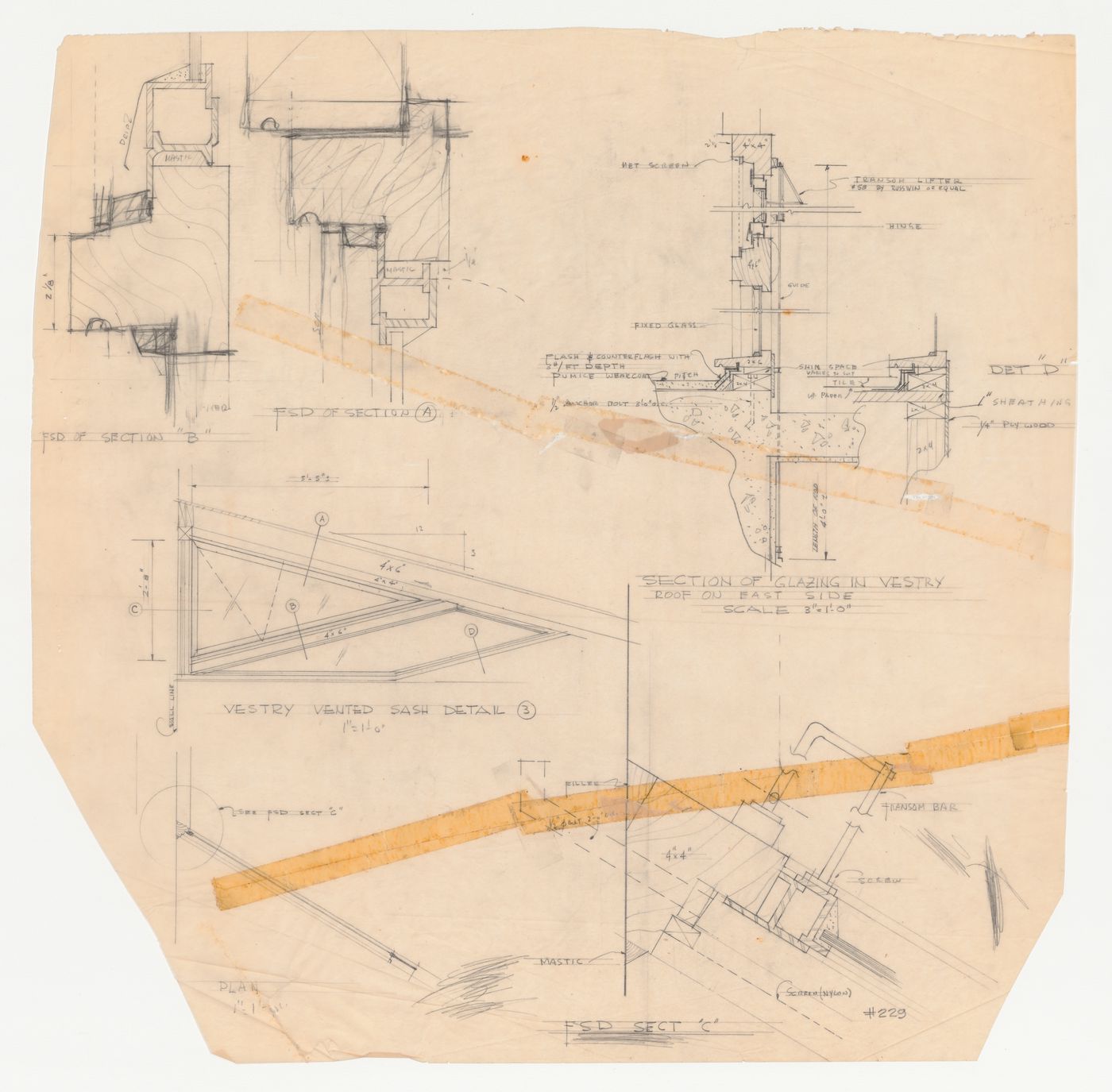 Wayfarers' Chapel, Palos Verdes, California: Elevation, plan and four sections for vestry window sashes