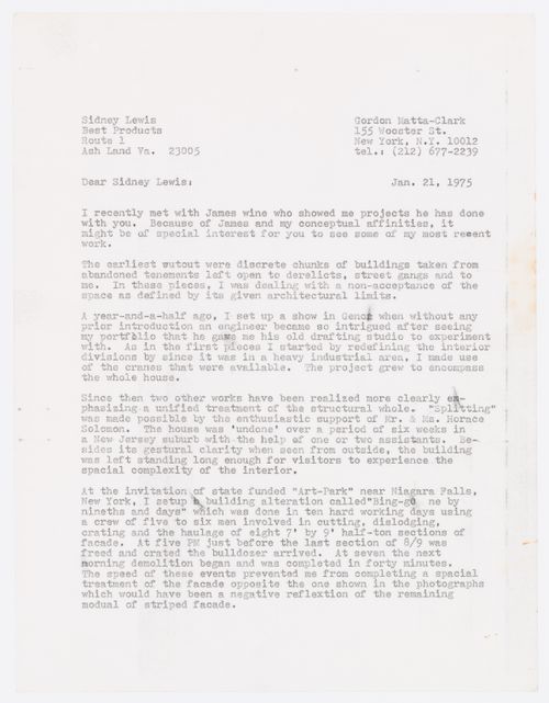 Letter from Gordon Matta-Clark to Sidney Lewis