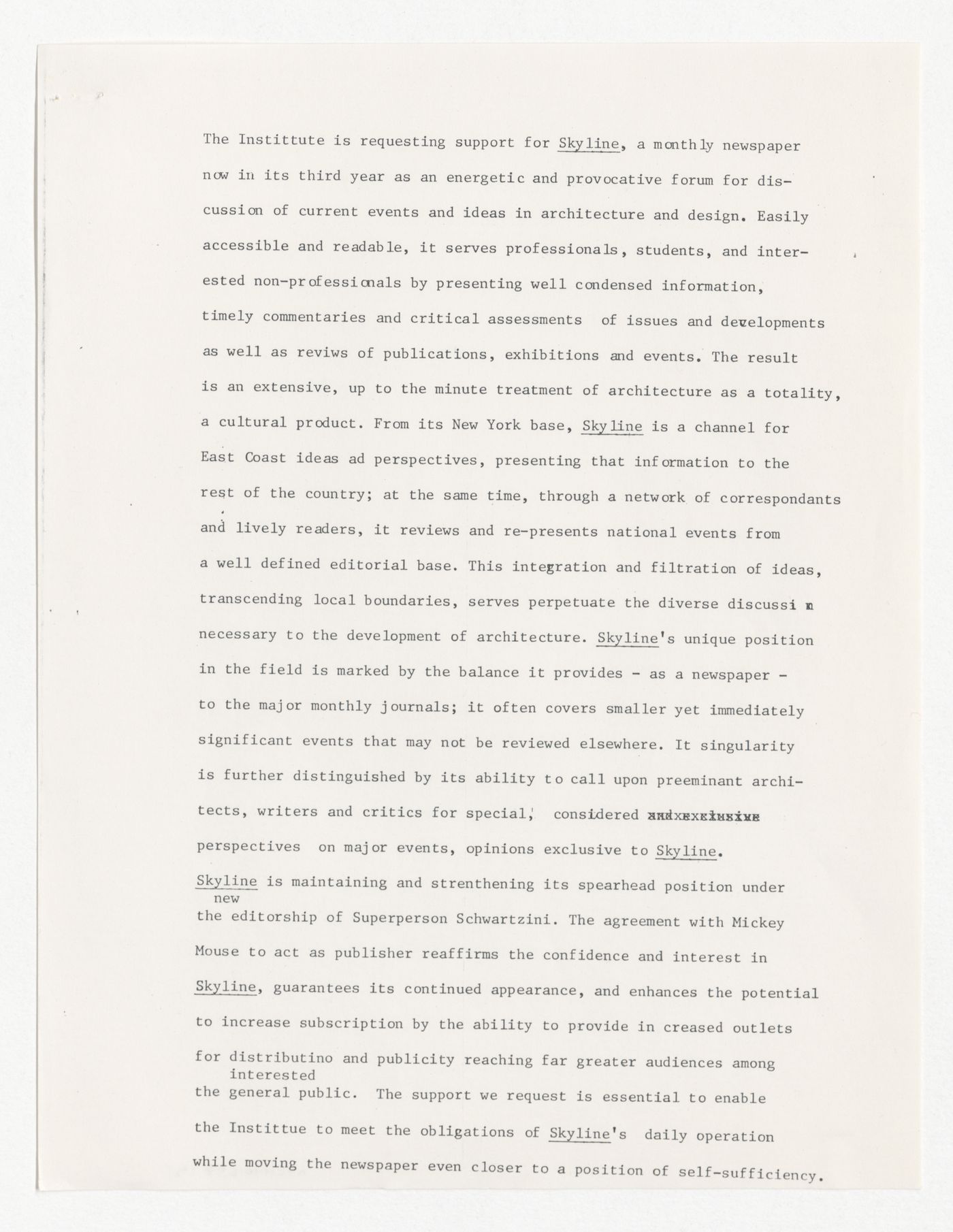 Draft proposal to the National Endowment for the Arts (NEA) for financial support of Skyline sent to Kenneth Frampton and Peter D. Eisenman